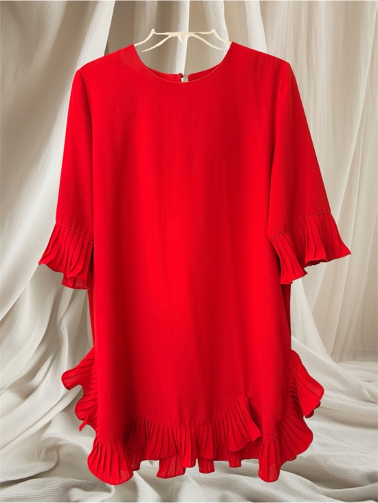 None Dresses & Skirts - Red Ruffle Hem & 3/4 Length Sleeve Tunic / Shift Dress, Elegant Casual, Sz L